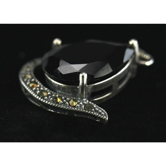 Sterling Silver Gem Pendant Black Teardrop Hematite Marcasite For Necklace 18mm - Picture 3 of 7